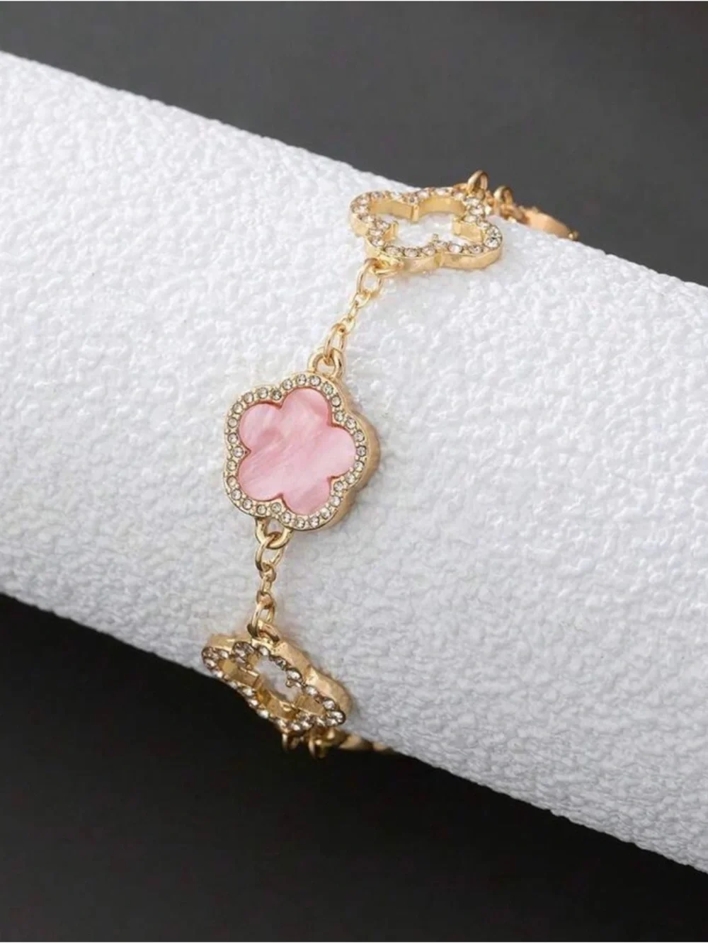 Gold Plated Pink Clover Link Bracelet - Picture 2 of 4